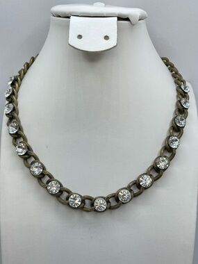 Antique Gold Tone Crystal Chain Necklace Clear Rhinestone Statement